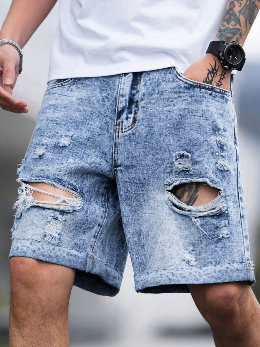 Manfinity Hombres Shorts en mezclilla desgarro crudo - Lavado ligero - Ver 1