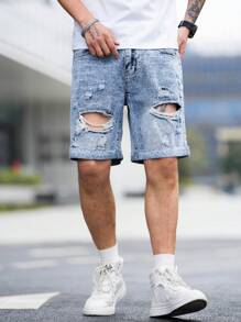 Manfinity Hombres Shorts en mezclilla desgarro crudo - Lavado ligero - Ver 3