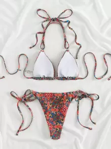 SHEIN Swim 滿版印花三角形側繫帶比基尼泳裝 - 彩色 - 查看 2