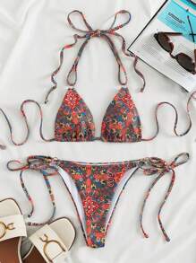 SHEIN Swim 滿版印花三角形側繫帶比基尼泳裝 - 彩色 - 查看 3
