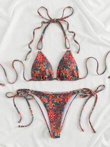 SHEIN Swim 滿版印花三角形側繫帶比基尼泳裝 - 彩色 - 查看 5
