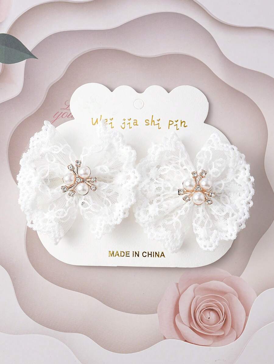 2件装少女蝴蝶结和仿珍珠装饰时尚鳄鱼夹发夹，用于头发装饰 - 白色 - 查看 1