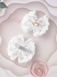 2件装少女蝴蝶结和仿珍珠装饰时尚鳄鱼夹发夹，用于头发装饰 - 白色 - 查看 3