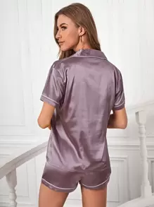 对比色滚边缎面衬衫和短裤睡衣套装/睡衣套装 - 淡紫色 - 查看 2