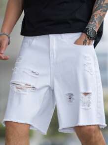 Manfinity EMRG Pantalones Cortos De Mezclilla De Gran Tamaño Para Hombre Con Borde Crudo Descosido Y Roto - Blanco - Ver 1