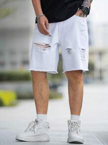 Manfinity EMRG Pantalones Cortos De Mezclilla De Gran Tamaño Para Hombre Con Borde Crudo Descosido Y Roto - Blanco - Ver 5