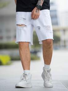 Manfinity EMRG Pantalones Cortos De Mezclilla De Gran Tamaño Para Hombre Con Borde Crudo Descosido Y Roto - Blanco - Ver 6