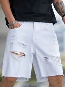 Manfinity EMRG Pantalones Cortos De Mezclilla De Gran Tamaño Para Hombre Con Borde Crudo Descosido Y Roto - Blanco - Ver 7