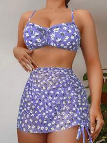 SHEIN Swim Summer Beach Floral Print Drawstring Bikini Set With Beach Skirt - Lilac Purple - View 1