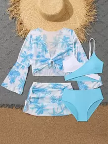 4pcs Tween Girl Colorblock Bikini Set With Coconut Tree Print Cover Up Set Summer Beach