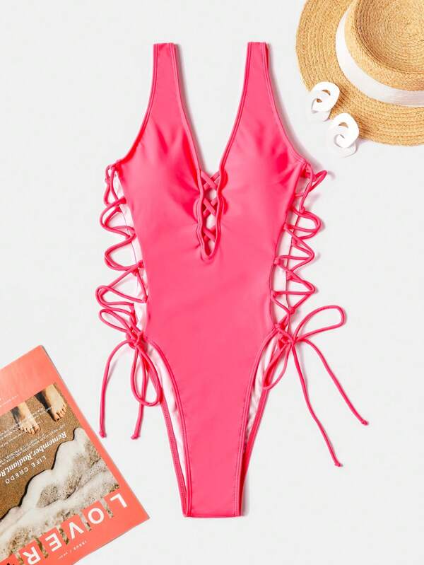 Lace Up Side One Piece Swimsuit SHEIN USA