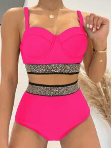Rhinestone Detail Push Up Bikini - Hot Pink - View 1