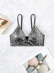 SHEIN Swim Summer Beach Sequin Bikini Top - Silver - View 1