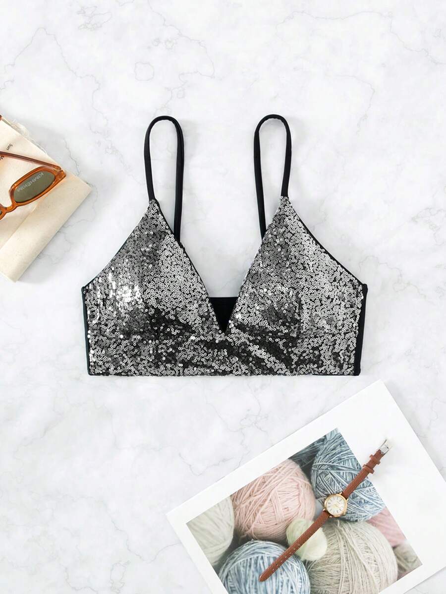 SHEIN Swim Summer Beach Sequin Bikini Top - Silver - View 1