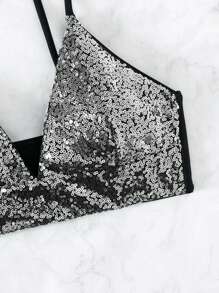 SHEIN Swim Summer Beach Sequin Bikini Top - Silver - View 5