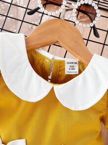 SHEIN Đầm em bé Nơ Bướm Tương phản ren Khối Màu - Màu vàng - Xem 4