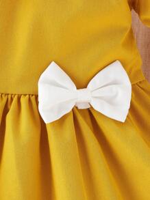 SHEIN Đầm em bé Nơ Bướm Tương phản ren Khối Màu - Màu vàng - Xem 6