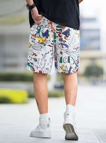 Manfinity Loose Fit Men's Denim Shorts With Graffiti Print - White - View 2
