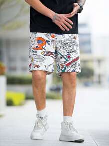 Manfinity Loose Fit Men's Denim Shorts With Graffiti Print - White - View 6