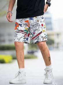Manfinity Loose Fit Men's Denim Shorts With Graffiti Print - White - View 7
