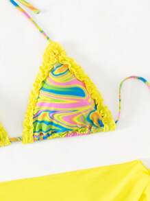 Allover Print Halter Triangle Bikini Set With Beach Skirt - Yellow - View 5