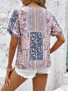 SHEIN LUNE Blusa con parche trabajar con estampado de manga farol - Multicolor - Ver 2