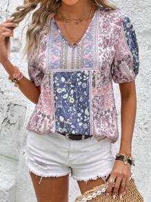 SHEIN LUNE Blusa con parche trabajar con estampado de manga farol - Multicolor - Ver 3