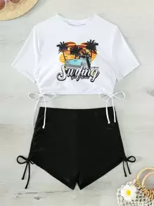 SHEIN Swim Summer Beach Tropical Print Drawstring Side Bikini - Black and White - View 1