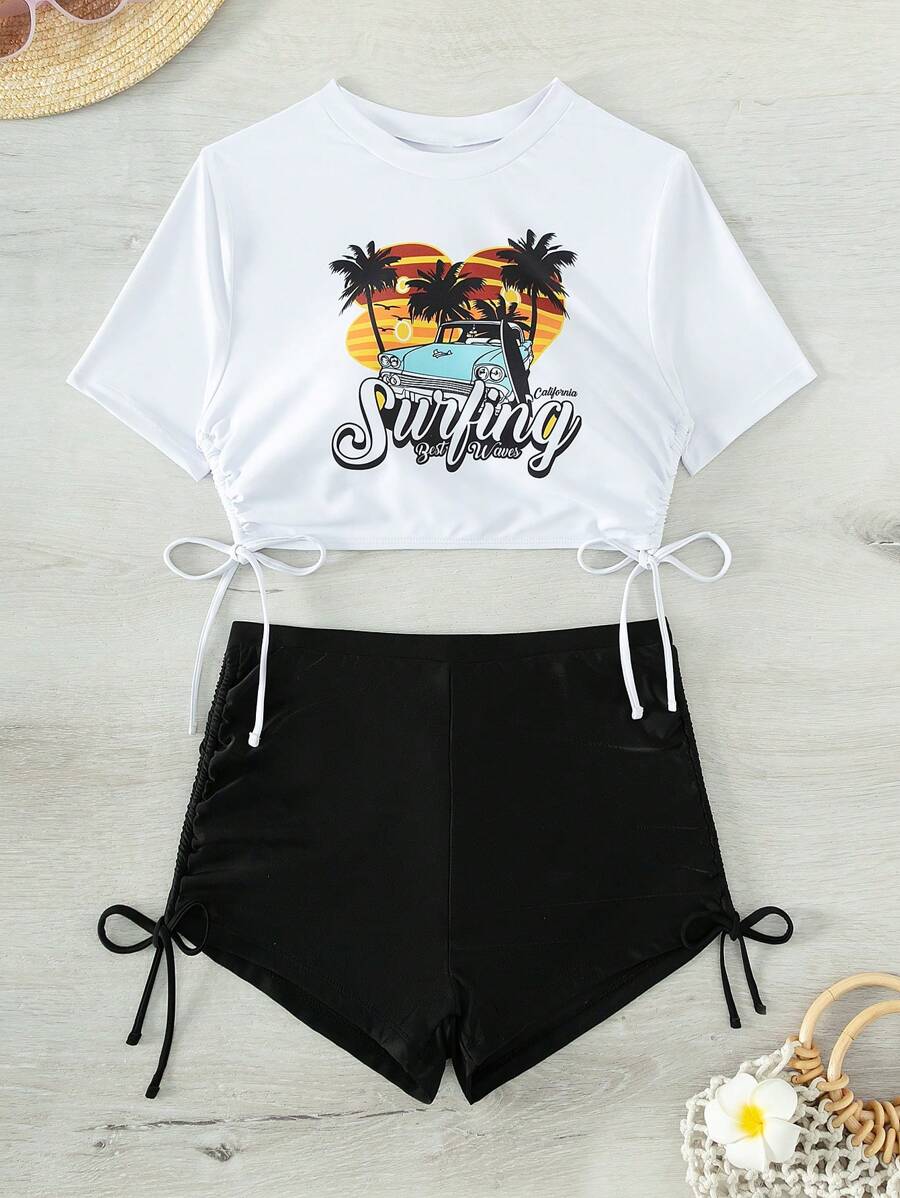 SHEIN Swim Summer Beach Tropical Print Drawstring Side Bikini - Black and White - View 1
