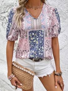 SHEIN LUNE Blusa con parche trabajar con estampado de manga farol - Multicolor - Ver 6