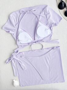 SHEIN Swim Bộ Bikini Nữ Thắt nút màu trơn - Màu Lilac Tím - Xem 6