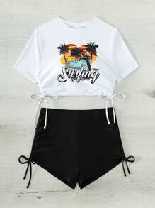 SHEIN Swim Summer Beach Tropical Print Drawstring Side Bikini - Black and White - View 5