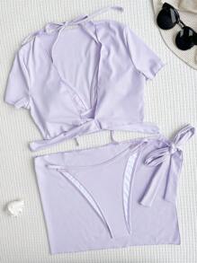 SHEIN Swim Bộ Bikini Nữ Thắt nút màu trơn - Màu Lilac Tím - Xem 7
