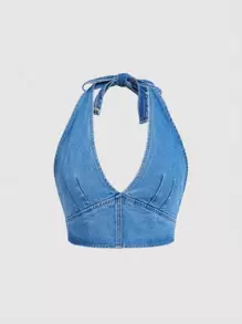 SHEIN ICON Plus Tie Backless Halter Denim Top - Medium Wash - View 1