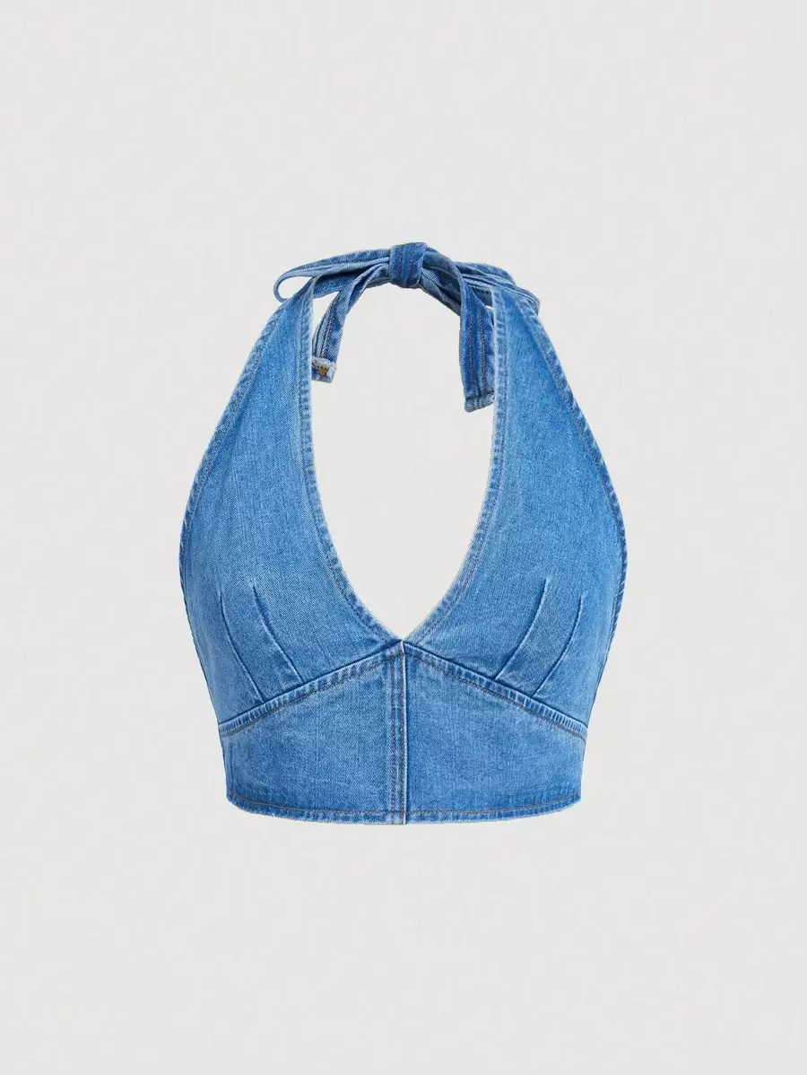SHEIN ICON Plus Tie Backless Halter Denim Top - Medium Wash - View 1