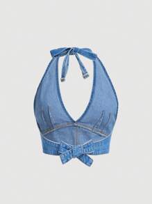 SHEIN ICON Plus Tie Backless Halter Denim Top - Medium Wash - View 2