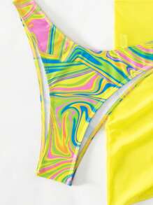 Allover Print Halter Triangle Bikini Set With Beach Skirt - Yellow - View 7