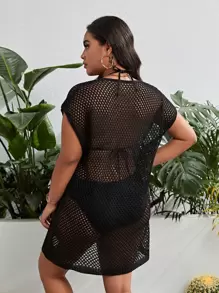 SHEIN Swim Curve Áo tắm dệt kim trơn có kích thước lớn trên bãi biển mùa hè cho kỳ nghỉ - màu đen - Xem 2