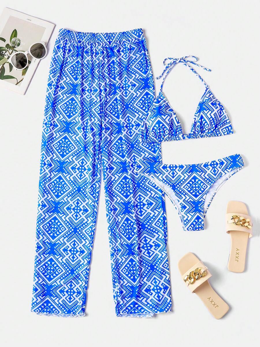 Summer Allover Print Halter Triangle Bikini Set With Cover Up Pants - Blue - View 1