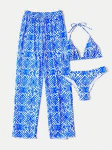 Summer Allover Print Halter Triangle Bikini Set With Cover Up Pants - Blue - View 7