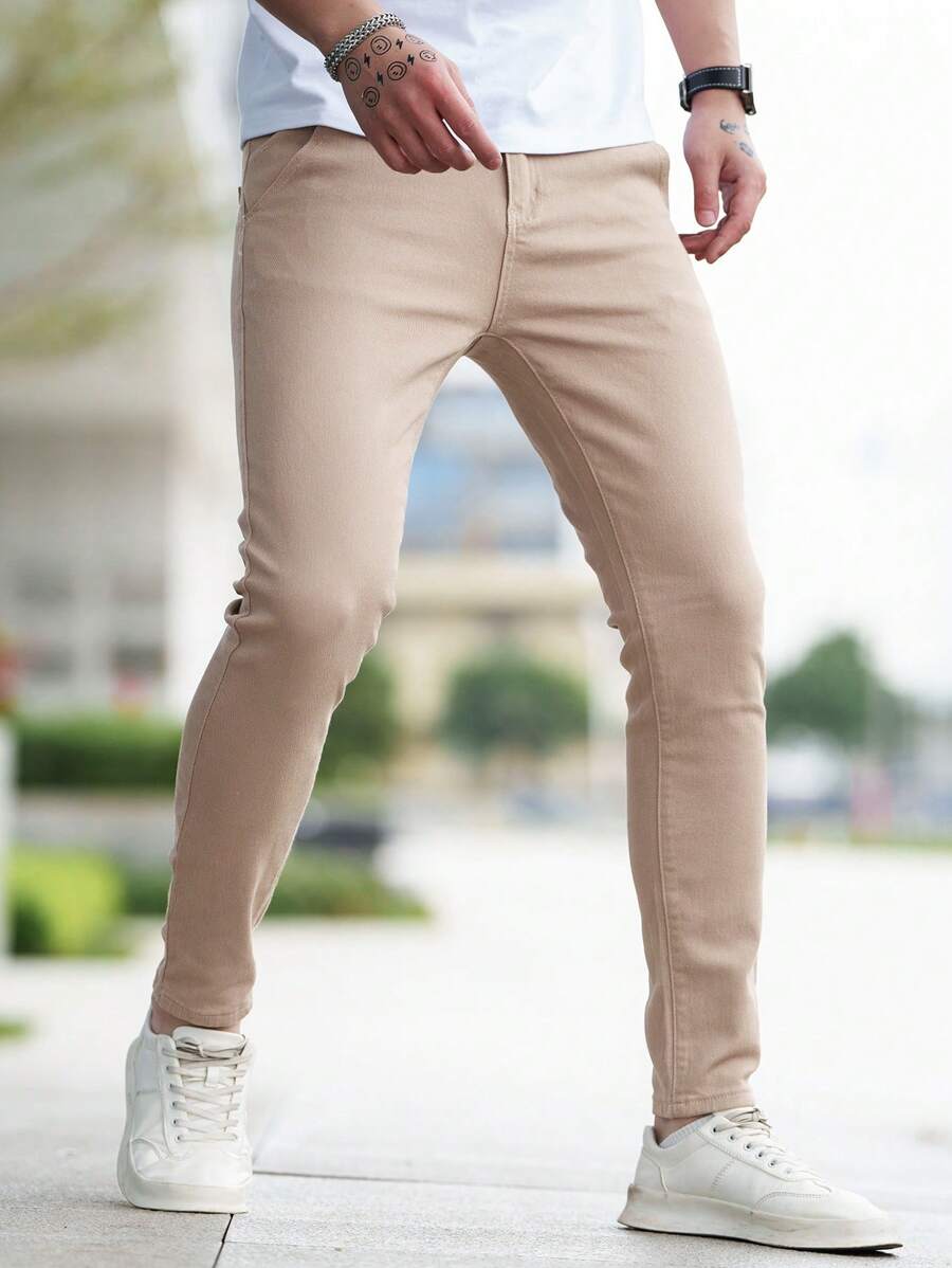 Manfinity Homme Men Cotton Solid Skinny Jeans - Apricot - View 1