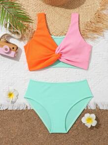 Girls Colour Block Twist Front Bikini Swimsuit - Multicolor - View 1