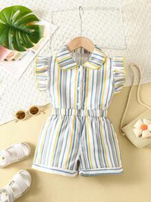SHEIN Toddler Girls Striped Ruffle Trim Shirt & Shorts - Multicolor - View 1