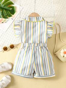 SHEIN Toddler Girls Striped Ruffle Trim Shirt & Shorts - Multicolor - View 2