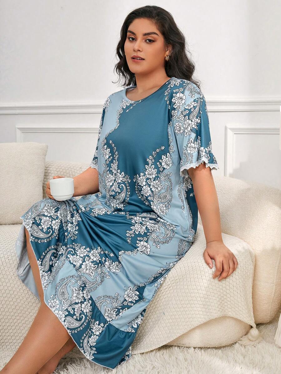 加大花卉印花睡衣睡裙，长裙