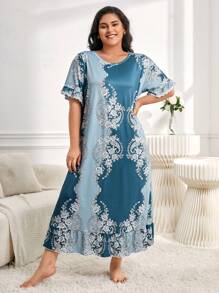 加大花卉印花睡衣睡裙，长裙