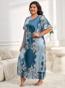 加大花卉印花睡衣睡裙，长裙