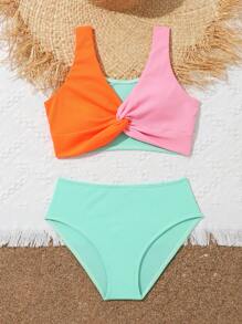 Girls Colour Block Twist Front Bikini Swimsuit - Multicolor - View 3
