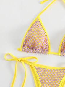 Plaid Halter Triangle Tie Side Bikini Set, For Summer Beach Vacation - Multicolor - View 4