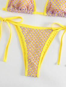 Plaid Halter Triangle Tie Side Bikini Set, For Summer Beach Vacation - Multicolor - View 5